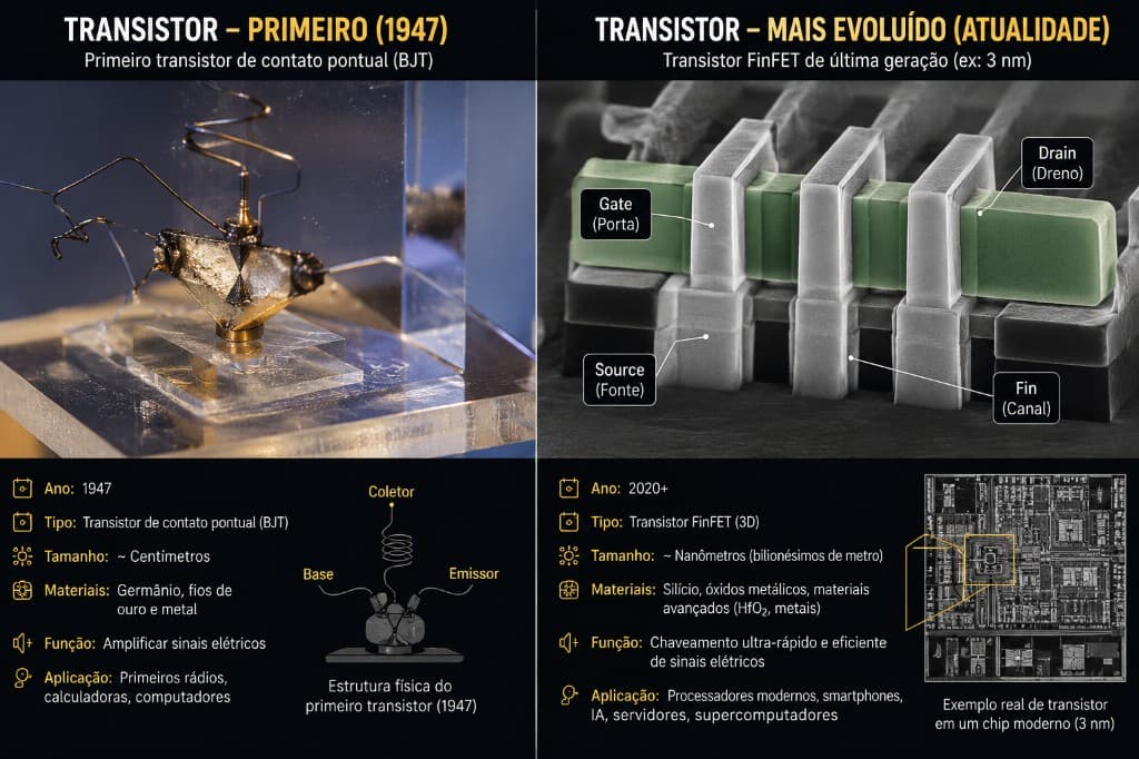Comparação entre o primeiro transistor de ponto de contato (1947), em escala de centímetros com germânio e fios de ouro, e um transistor FinFET tridimensional moderno em escala nanométrica com porta, fonte, dreno e canal em forma de barbatana.